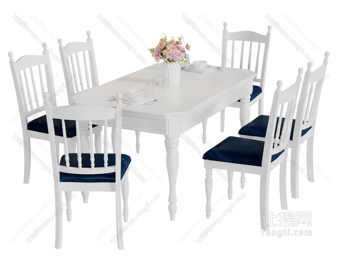 美式白色长方形餐桌椅组合