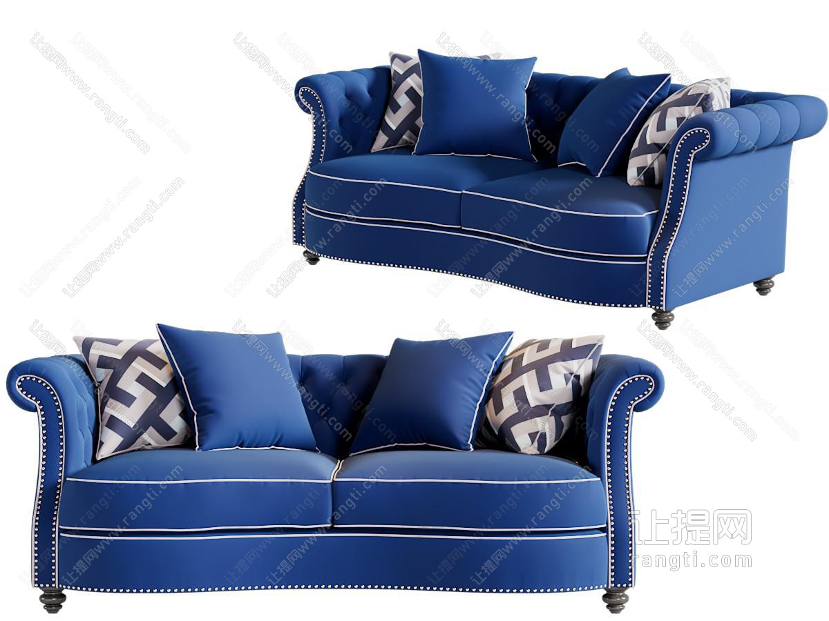 美式蓝色布艺双人沙发