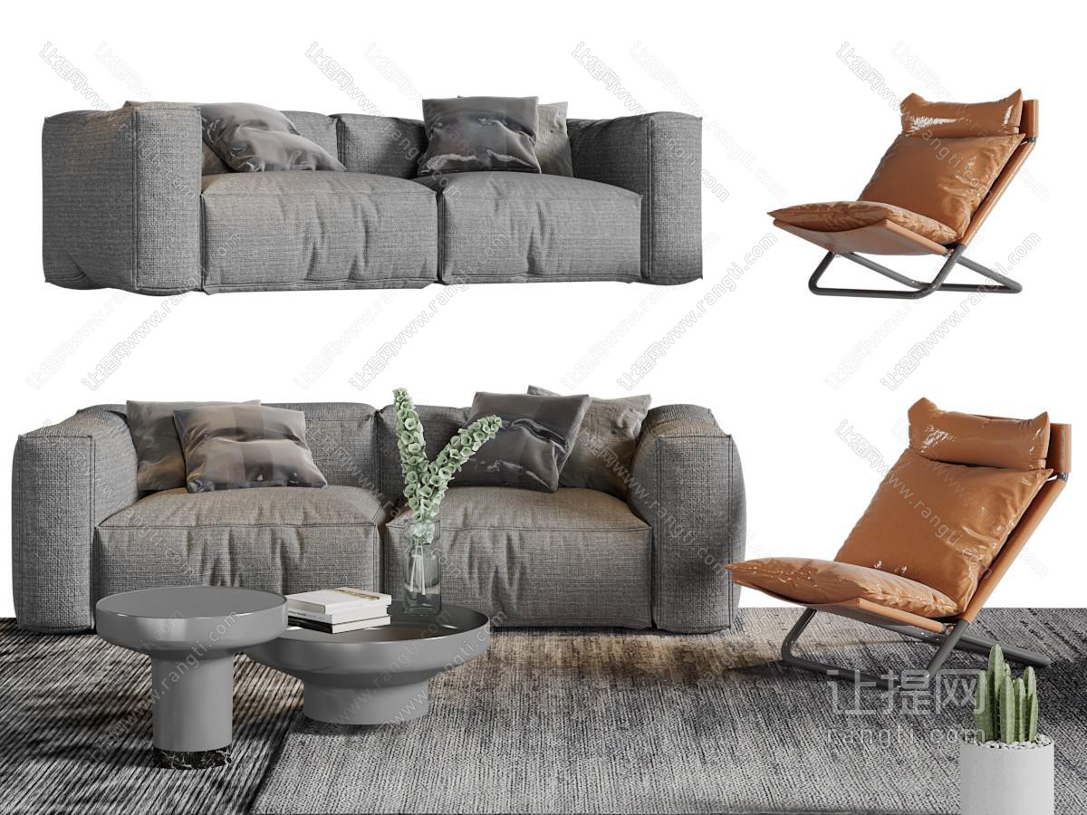 现代布艺双人沙发休闲椅子茶几组合