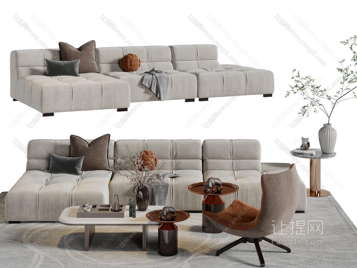 现代布艺多人沙发休闲椅子茶几组合