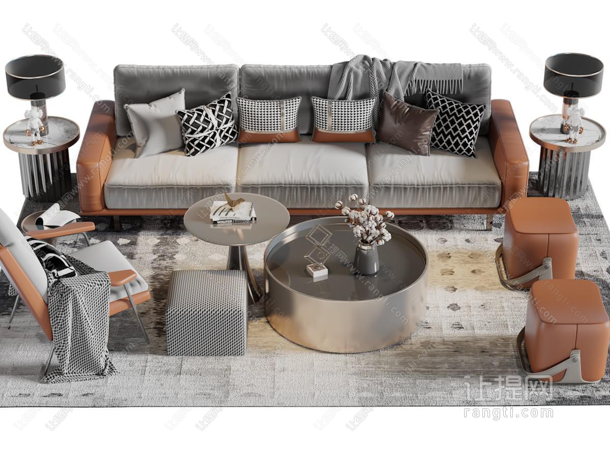 现代多人沙发休闲椅子沙发凳茶几组合