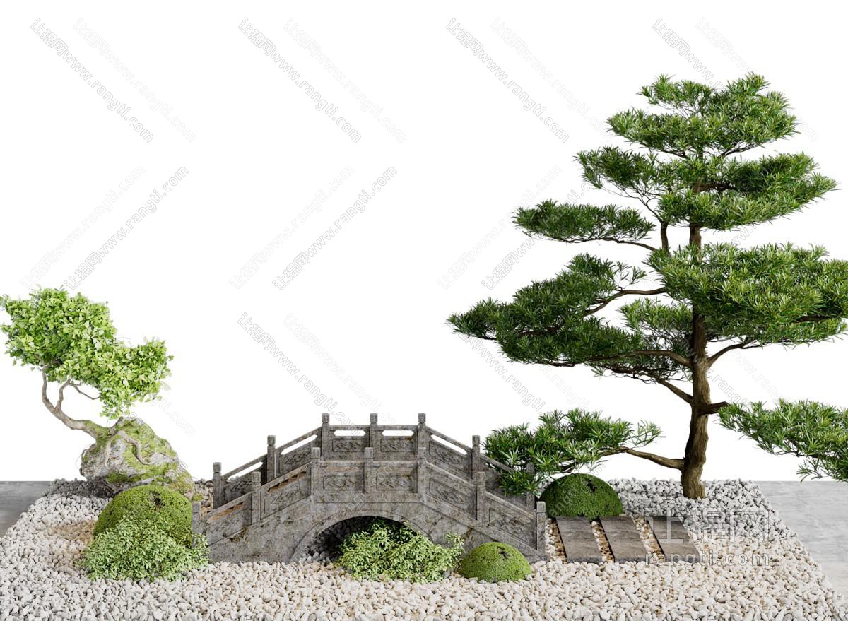 中式石桥松树景观园艺小品