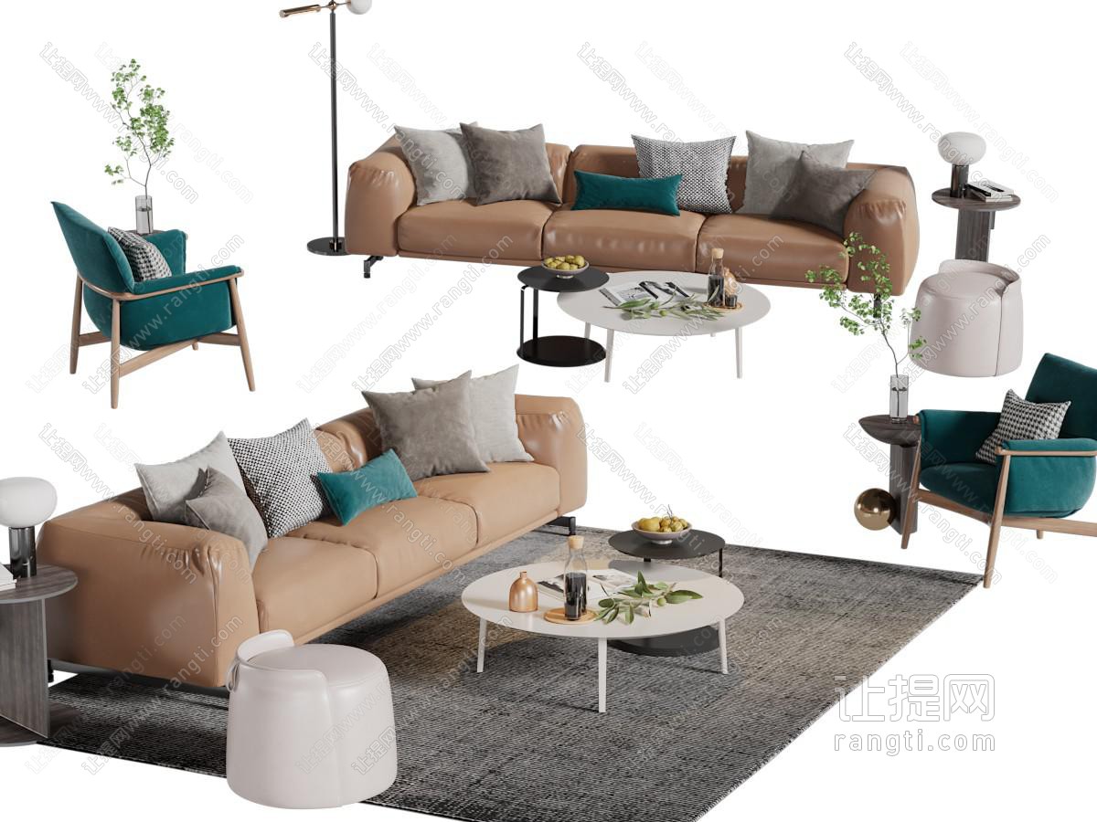 现代多人沙发、休闲椅子、茶几组合