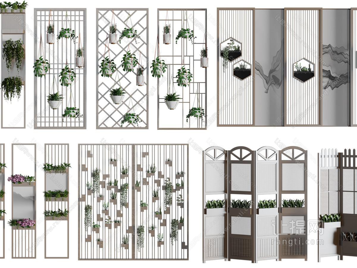 新中式装饰绿植的隔断屏风