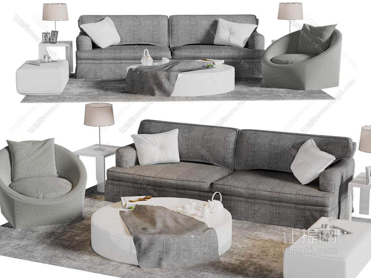 现代灰色布艺多人、单人沙发和茶几组合