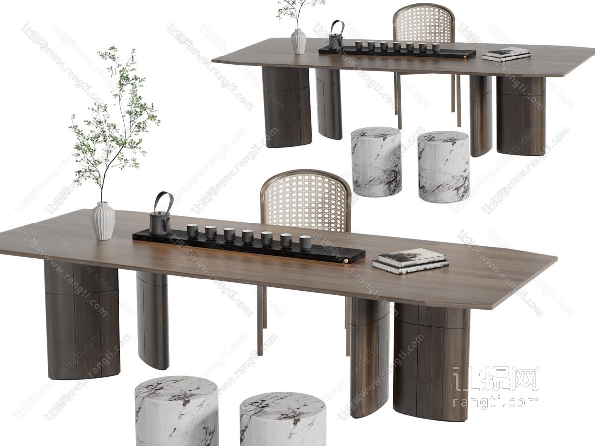 新中式长方形实木茶桌椅组合