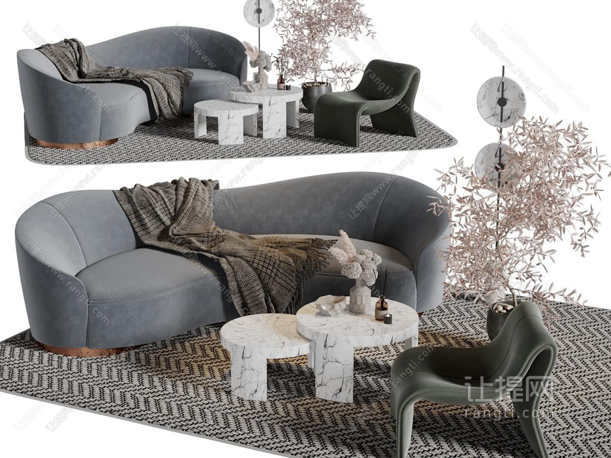 现代轻奢弧形多人沙发休闲椅子茶几组合