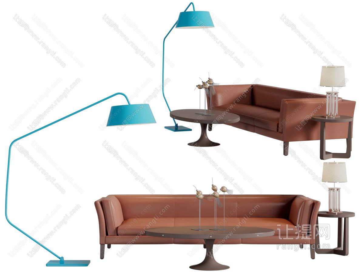 后现代橙色真皮多人沙发、茶几和落地灯