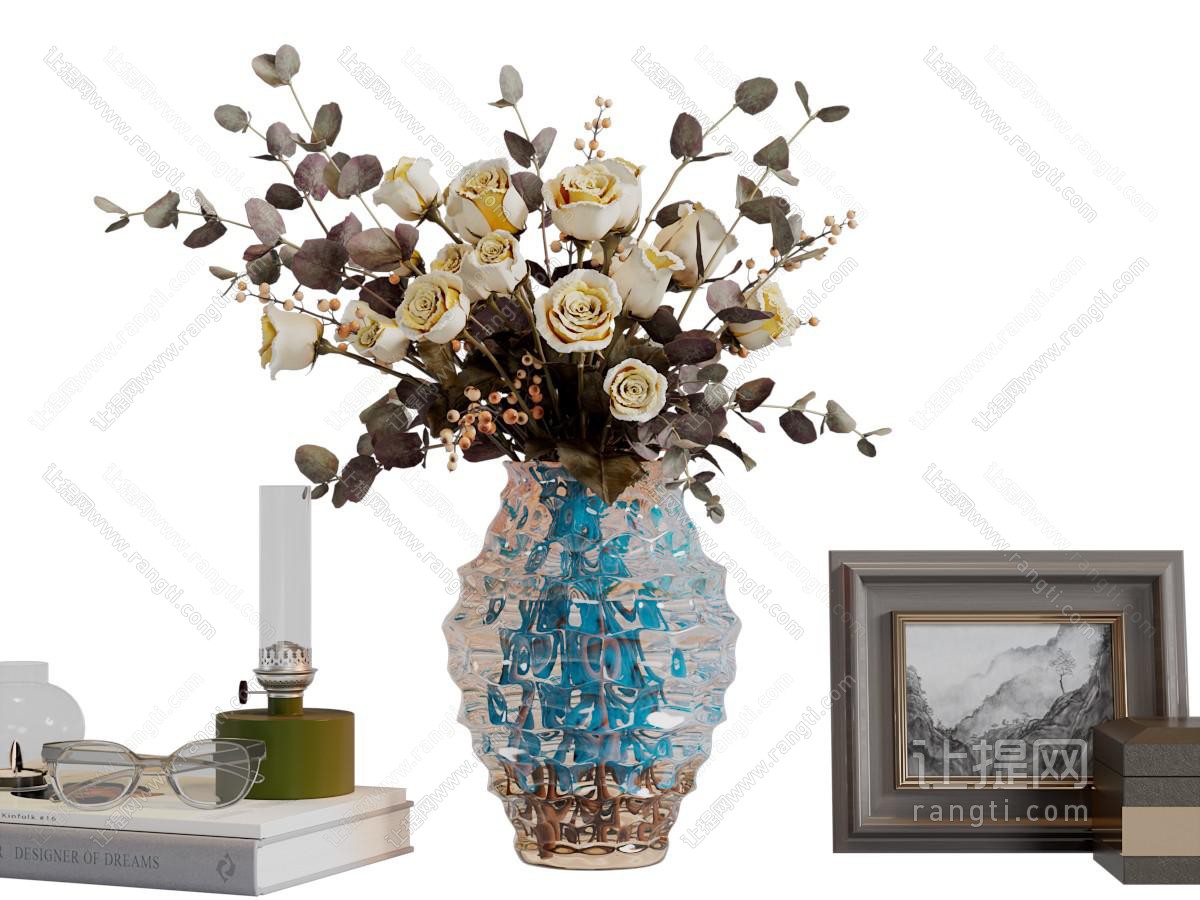 美式花瓶花卉、书籍摆件组合