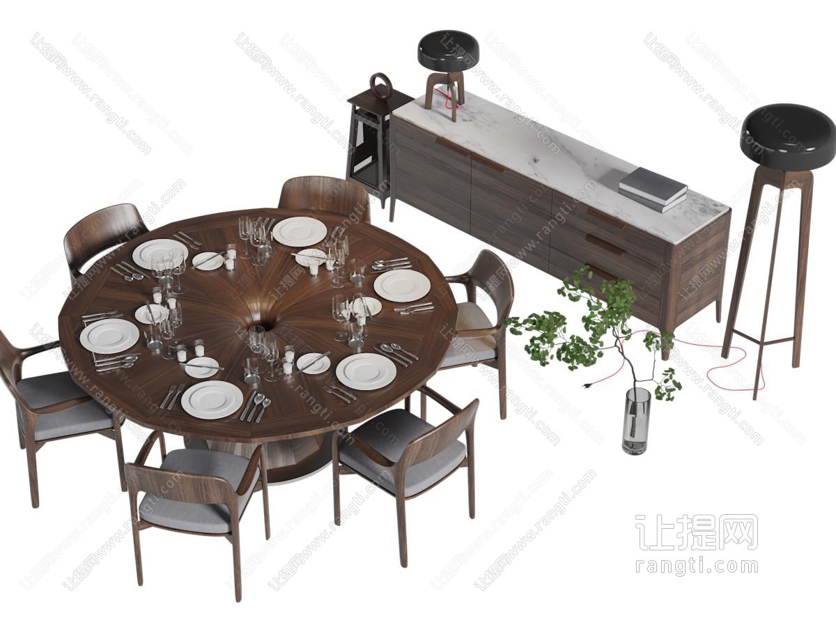 北欧实木圆形餐桌椅组合、餐边柜
