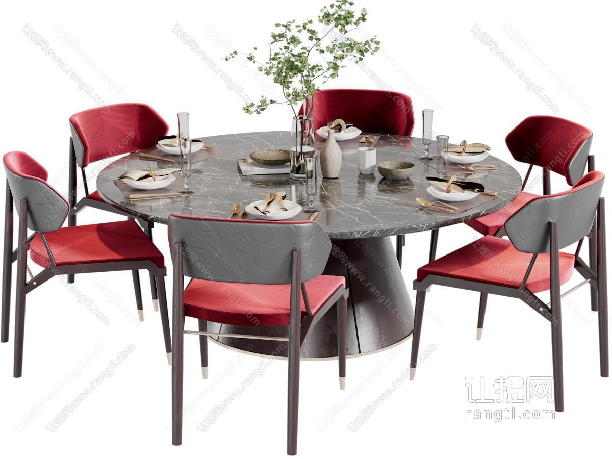 现代圆形大理石餐桌椅组合