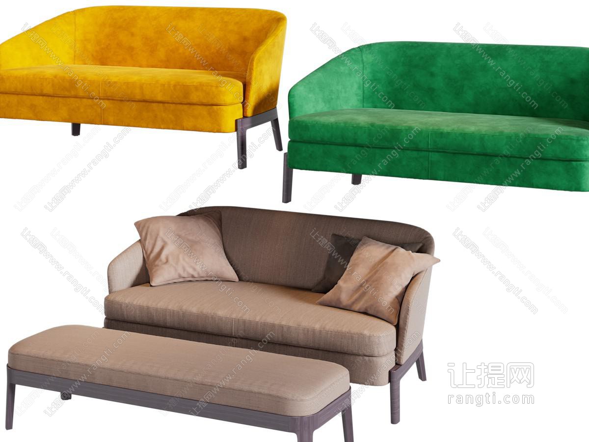 现代布艺多人沙发、沙发凳