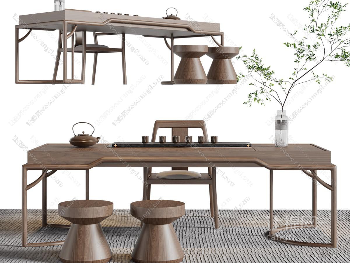 新中式实木茶桌椅、圆凳组合