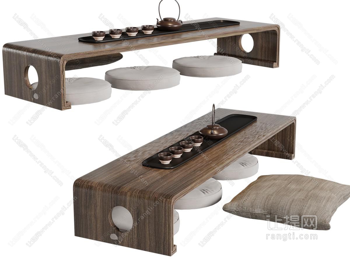 日式弓字形实木茶桌、茶具杯子和坐垫