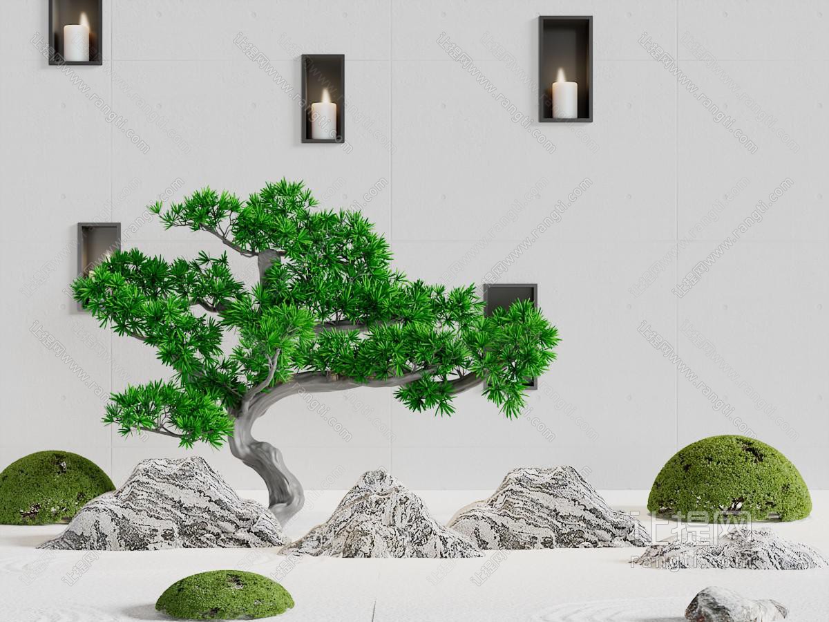 中式松树、石头景观园艺小品