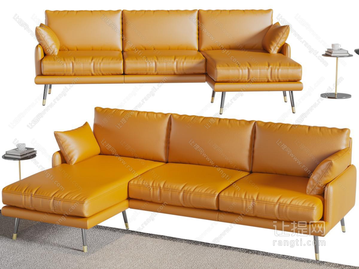 现代橙黄色转角多人沙发