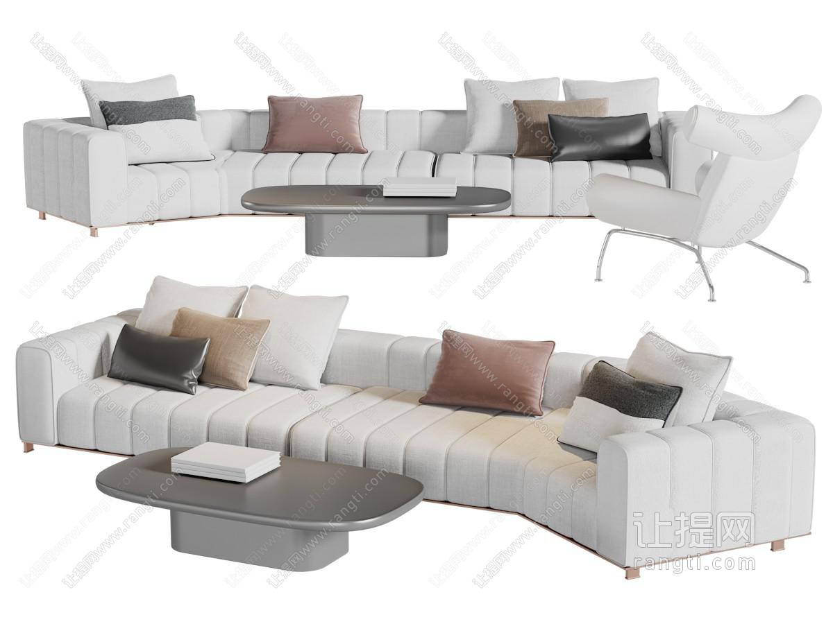 现代白色转角多人沙发、茶几组合