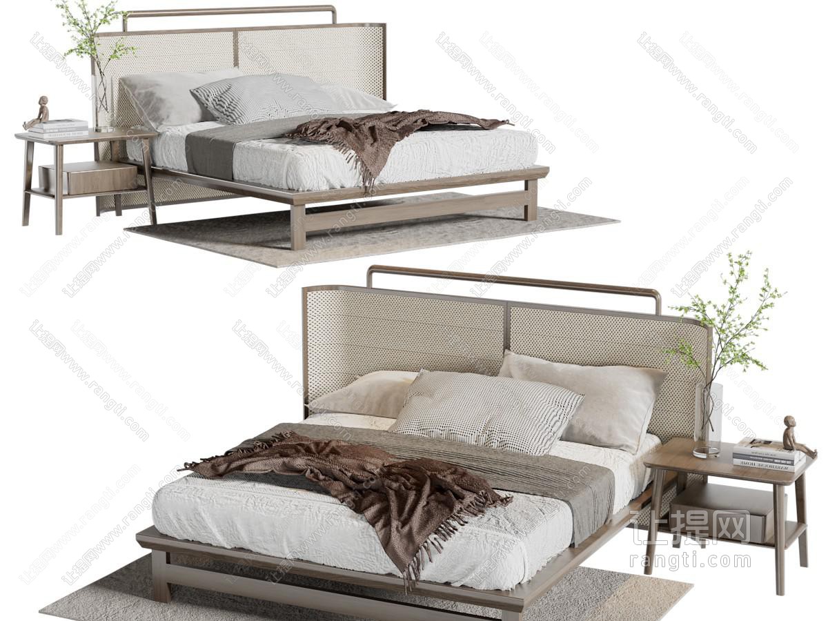 新中式实木双人床、床头柜