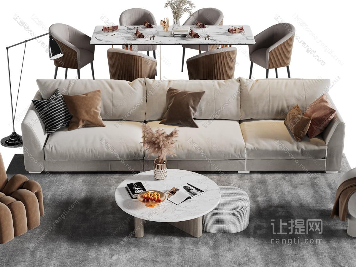 现代布艺多人沙发、休闲椅子和茶几组合