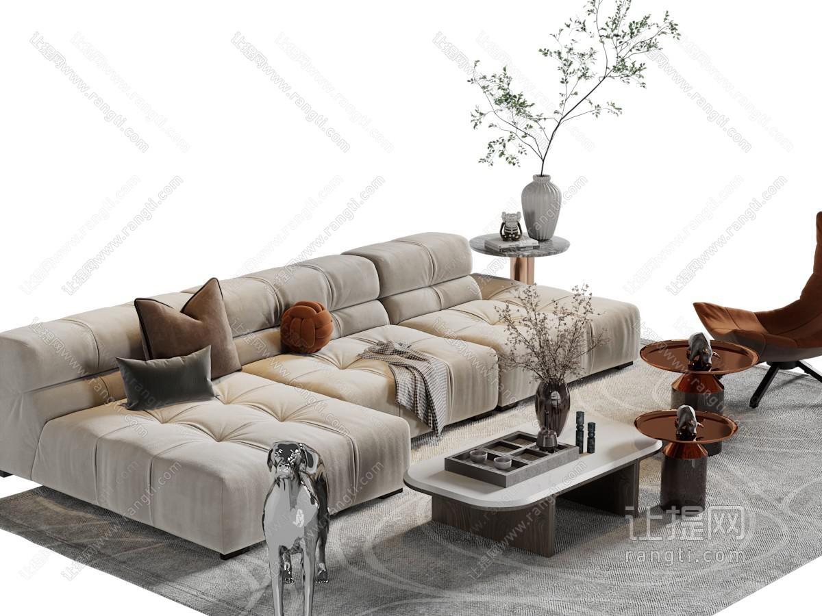现代布艺转角多人沙发、休闲椅子和茶几组合