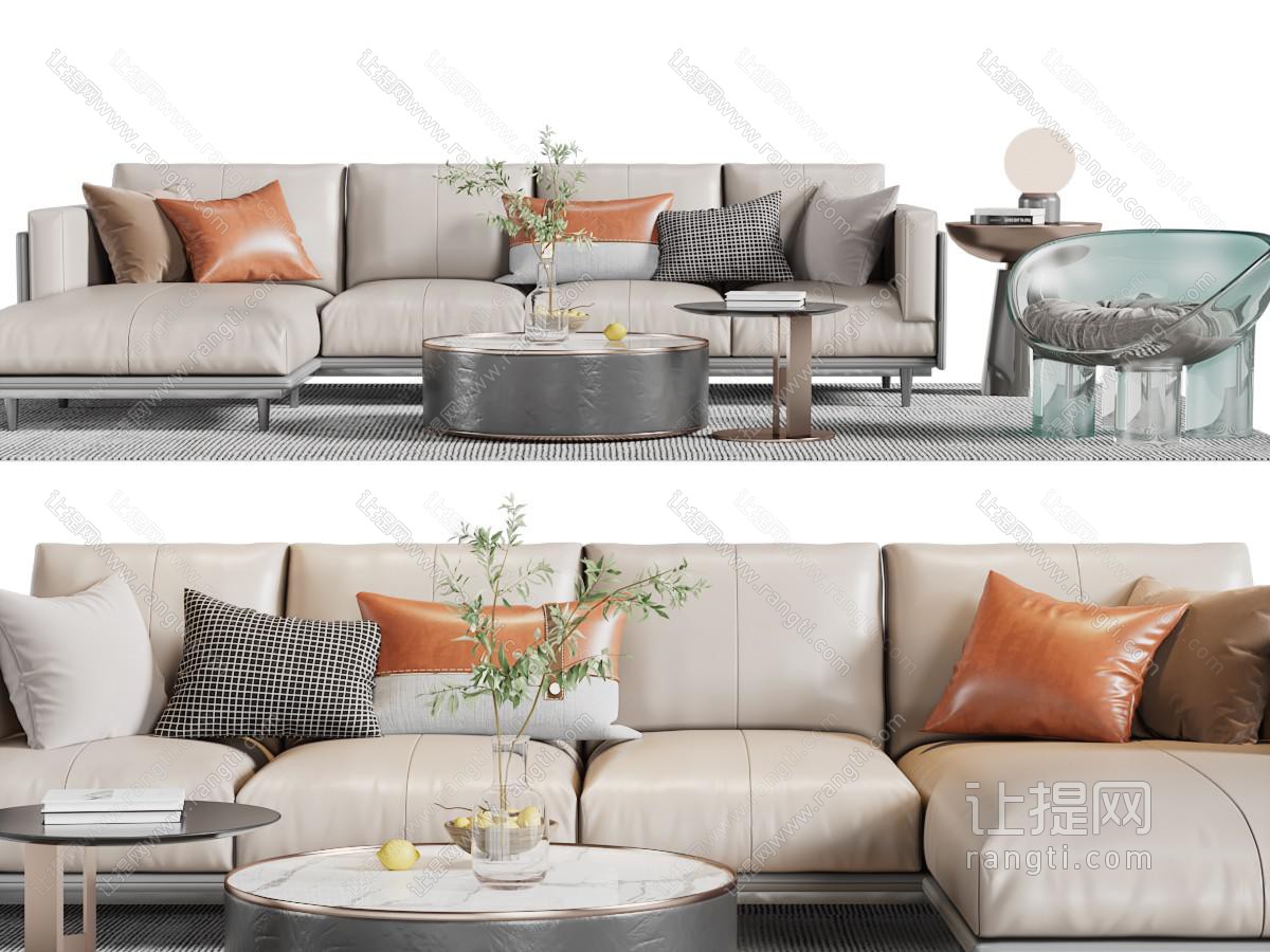 现代转角多人沙发、休闲椅子和茶几组合