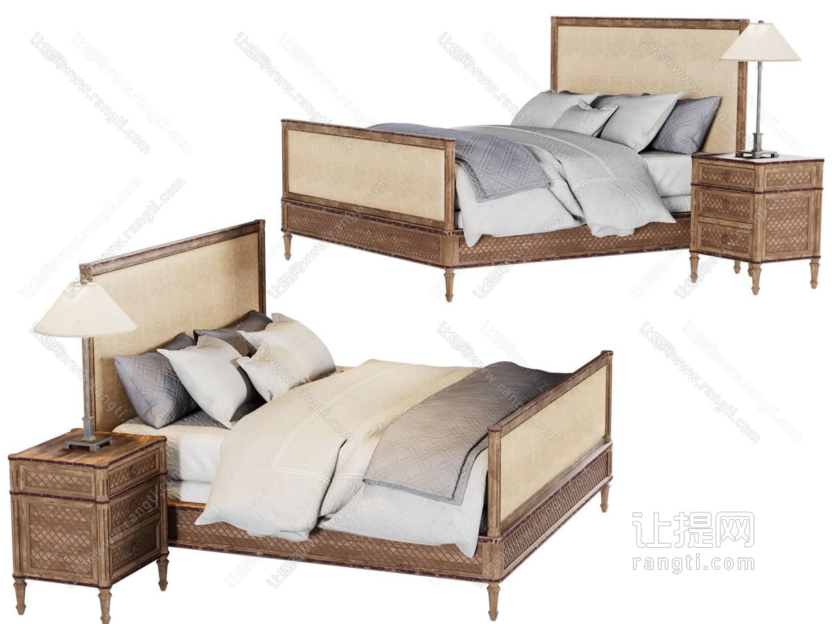 民族风实木双人床、床头柜
