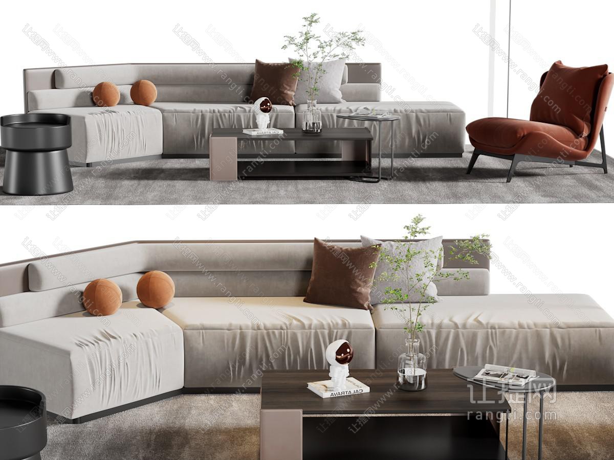 现代布艺多人沙发、休闲椅子和茶几组合