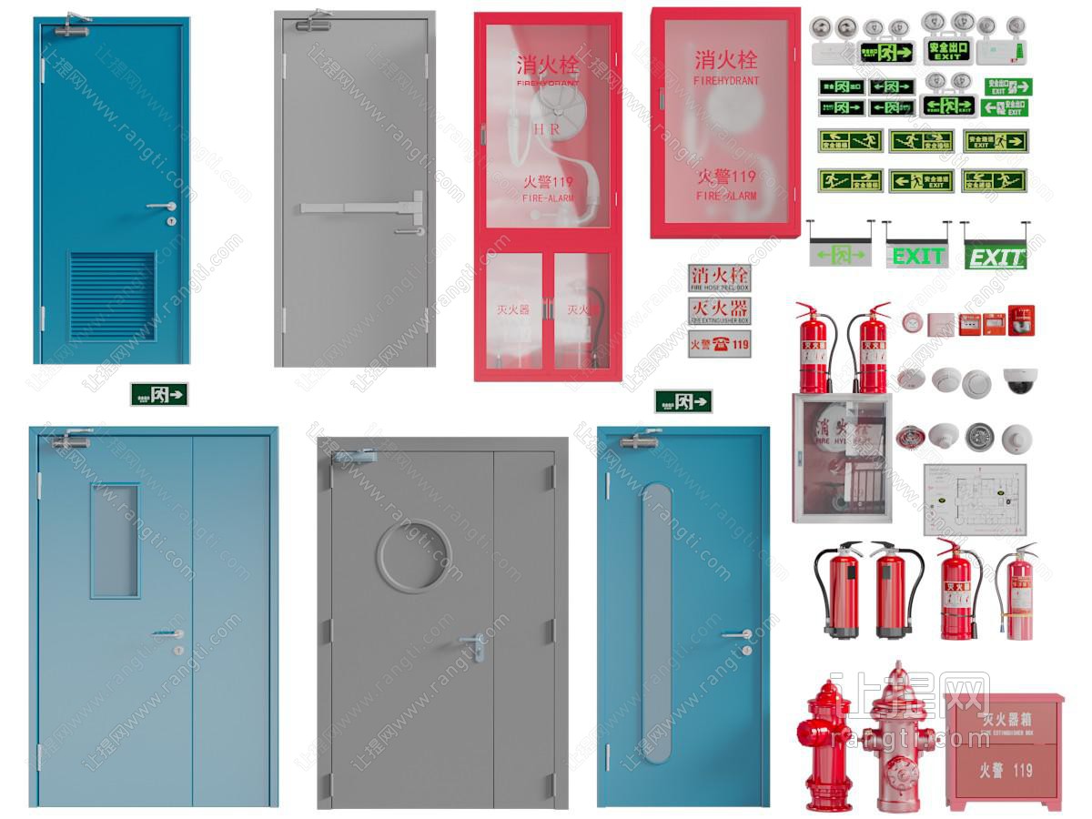 现代楼道消防栓、灭火器、消防安全平开门