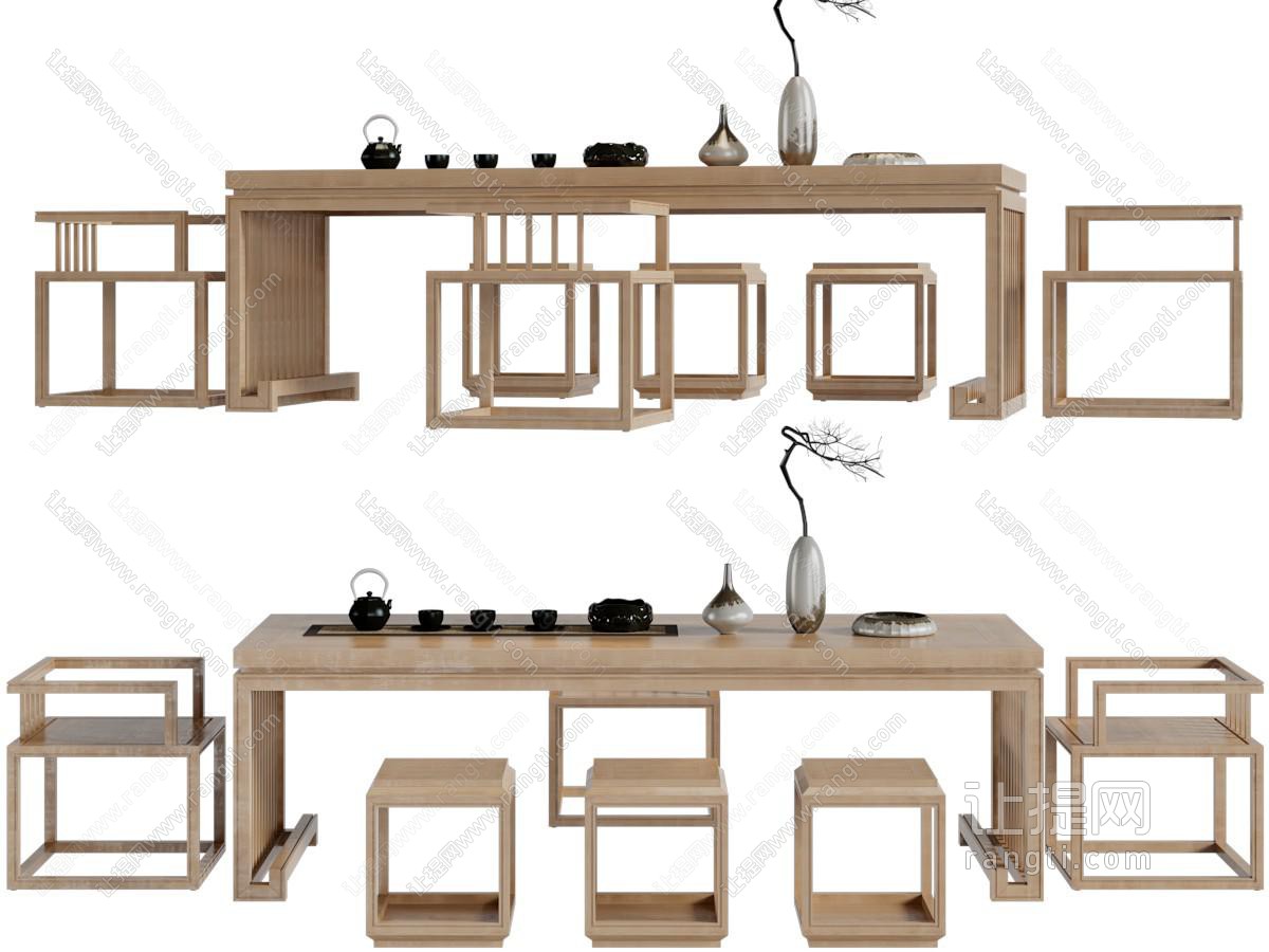 新中式实木长方形茶桌椅组合