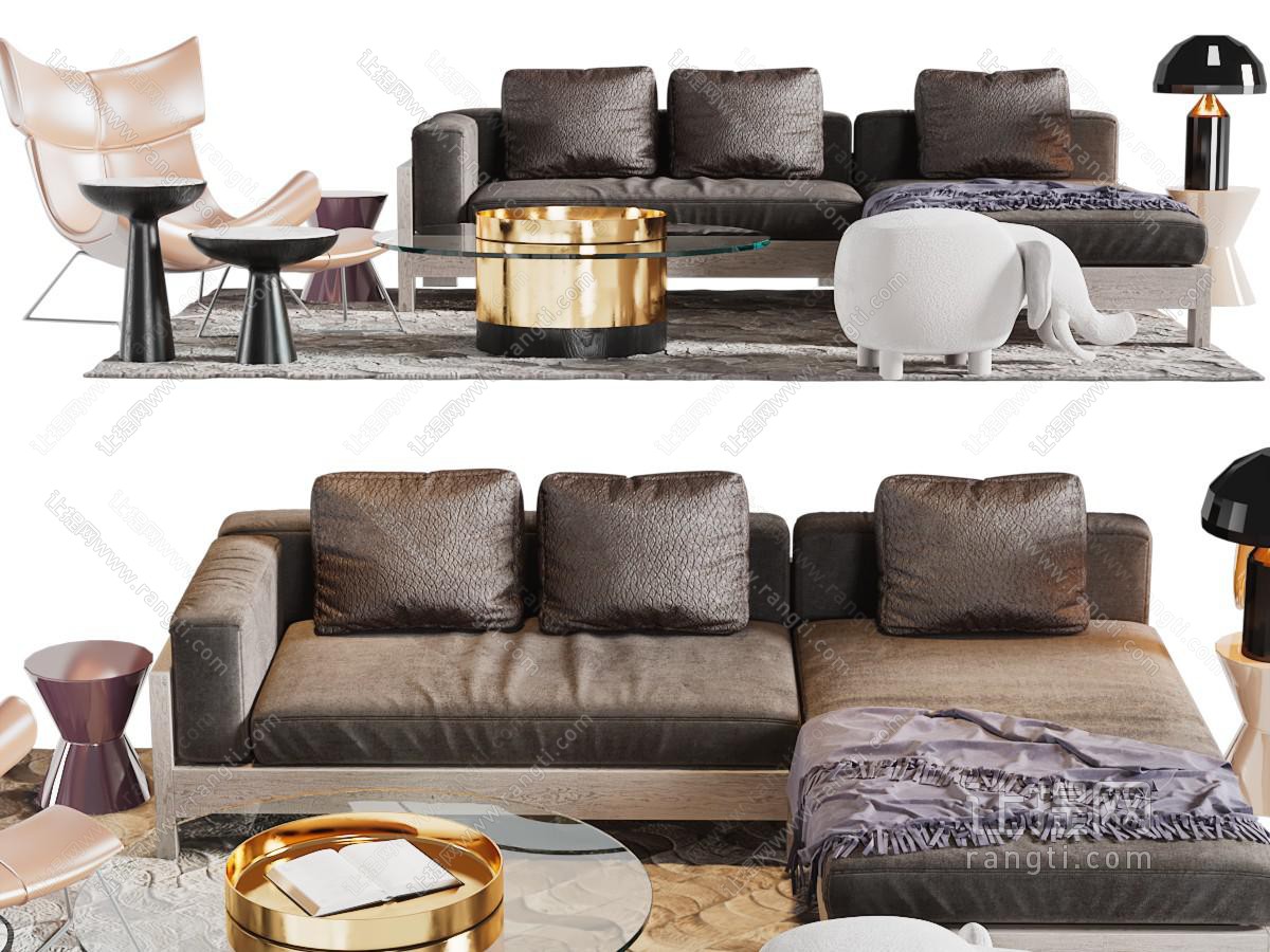 现代多人沙发、休闲椅子和茶几组合