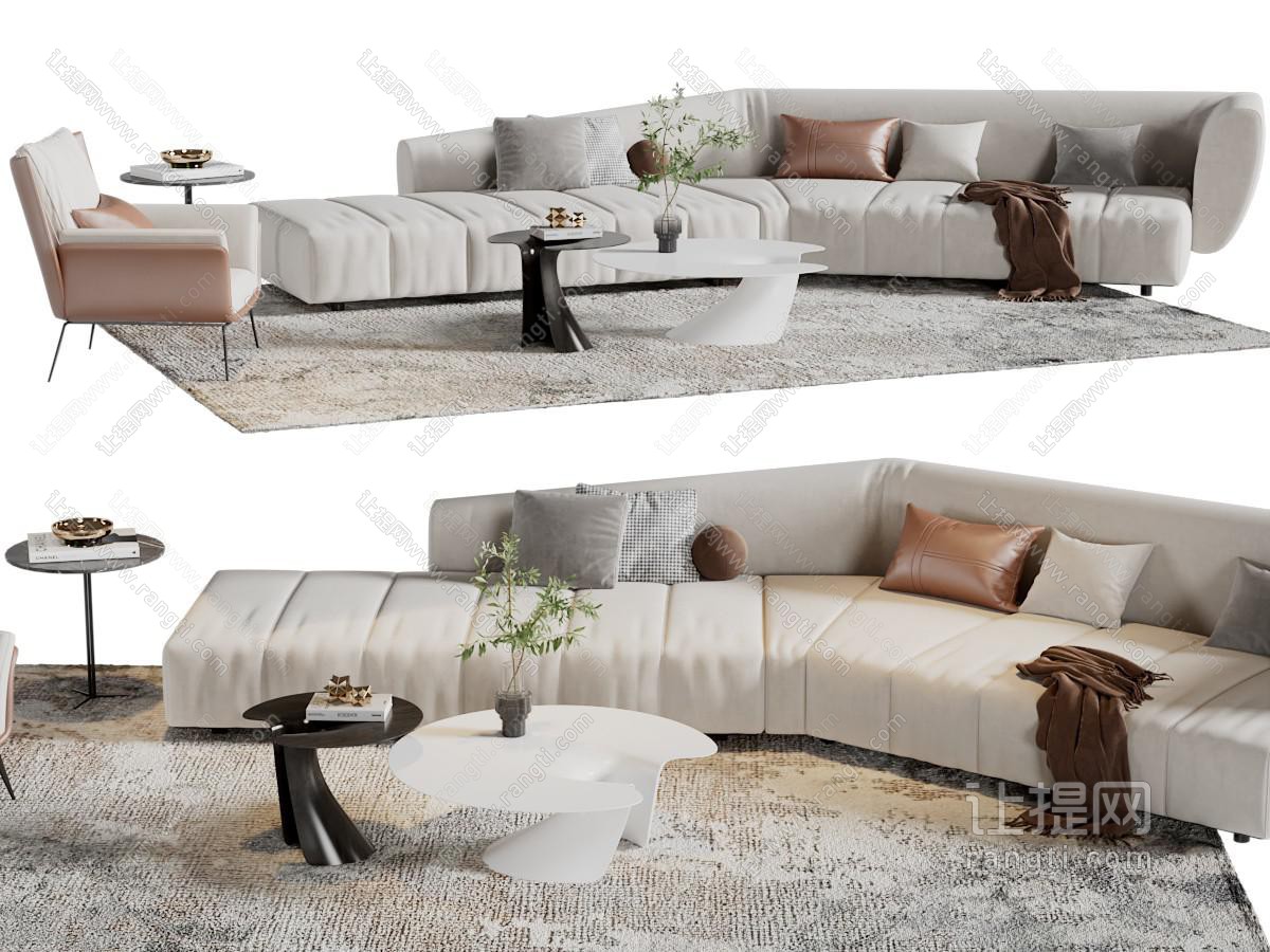 现代多人沙发、休闲椅子和茶几组合