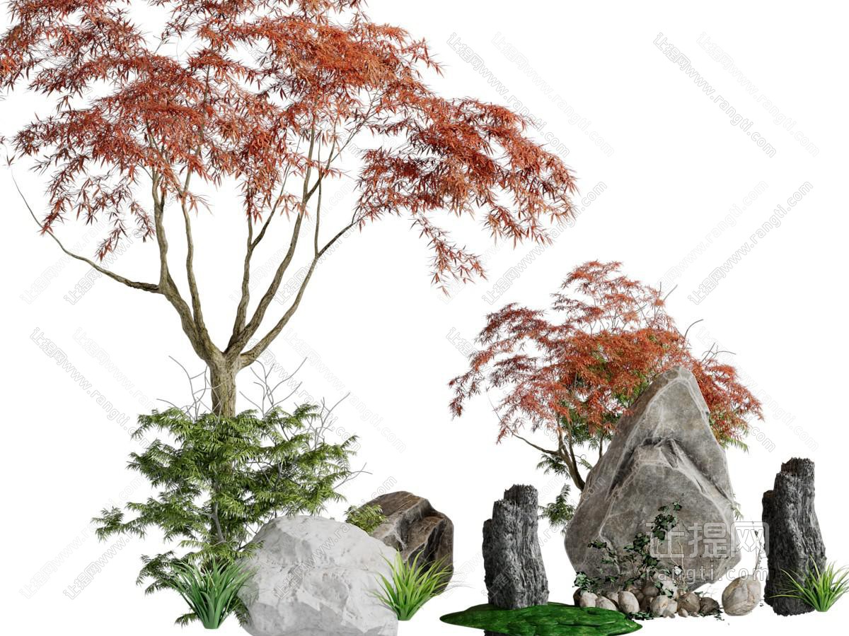新中式枫树、石头景观园艺小品