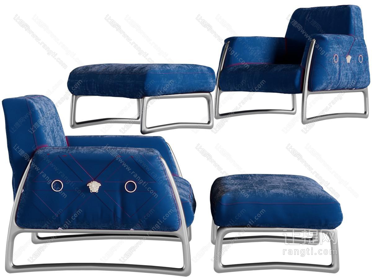 现代蓝色单人沙发、脚踏