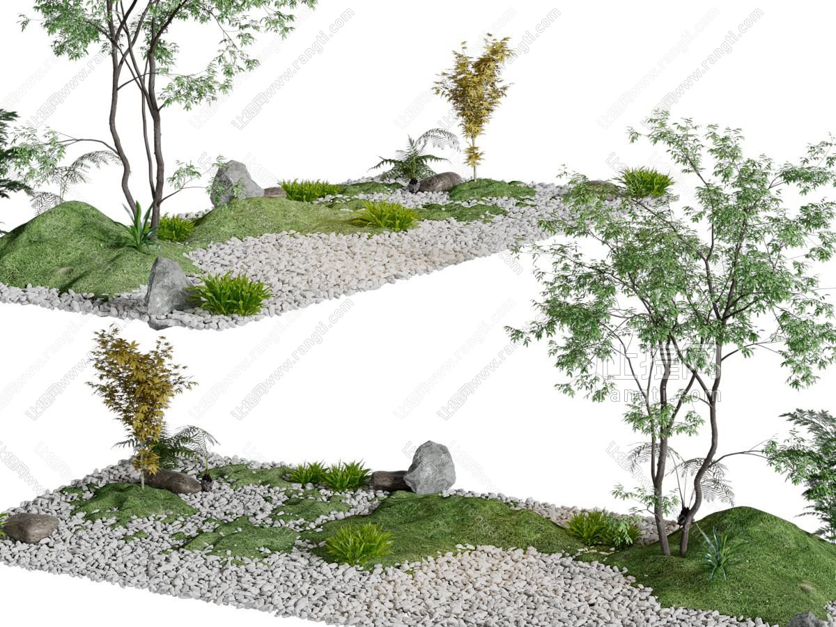 中式小树、石子景观园艺小品