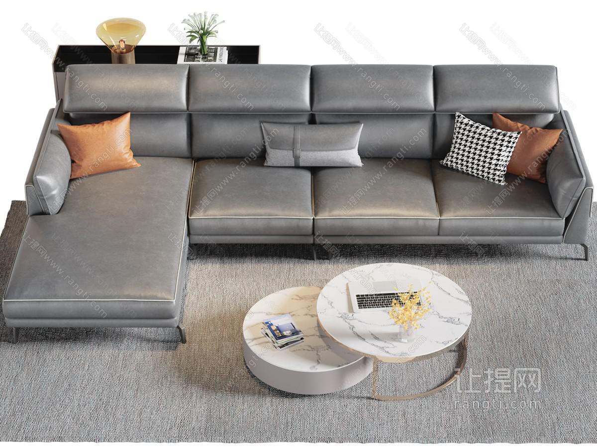现代灰色转角多人沙发、圆形茶几组合