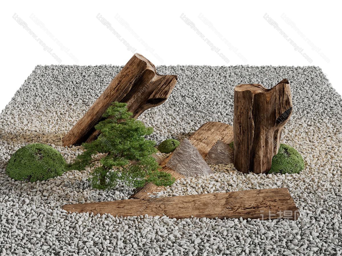 中式方形枯木、松树、石子景观园艺小品
