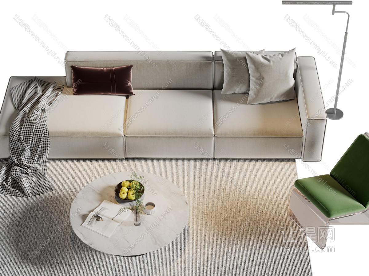 新中式多人沙发、单人沙发和圆形茶几组合