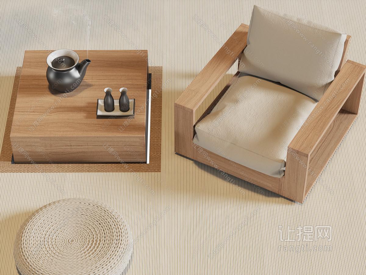 日式单人沙发、方形边几、编织坐垫