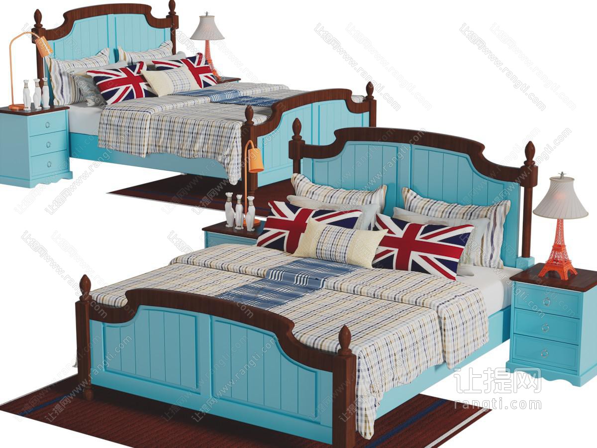 地中海实木蓝色双人床、床头柜