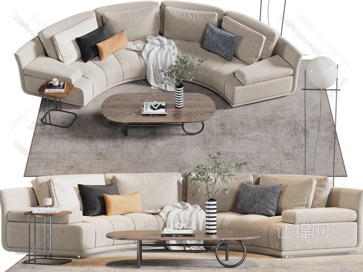 现代弧形布艺多人沙发、茶几组合