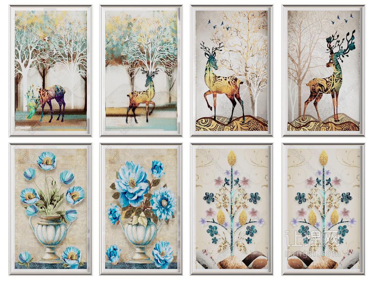 北欧麋鹿、花卉图案的装饰挂画