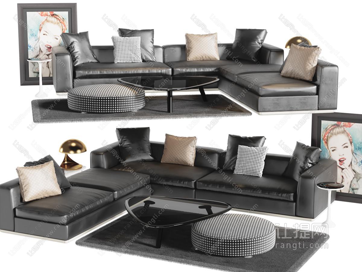现代黑色皮质转角多人沙发、茶几组合