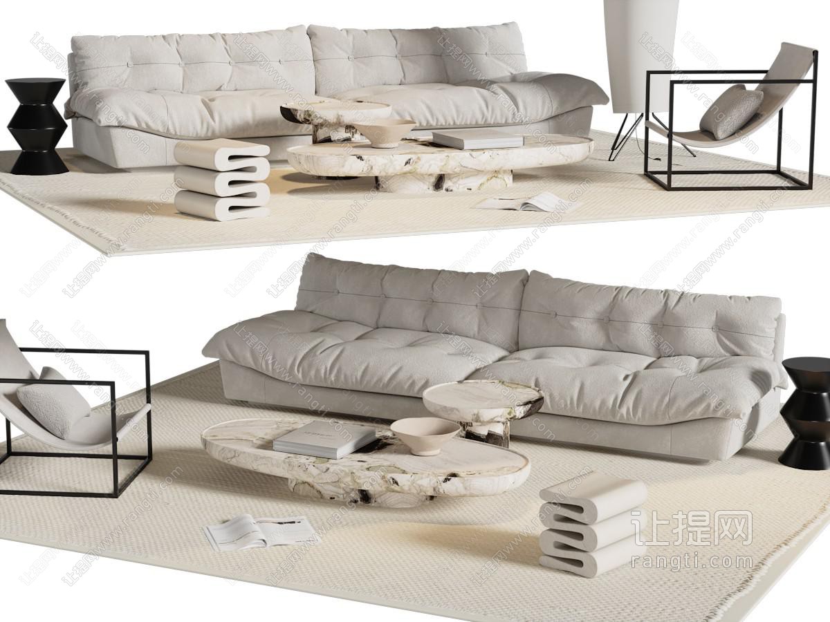 现代布艺双人沙发、休闲椅子和茶几组合