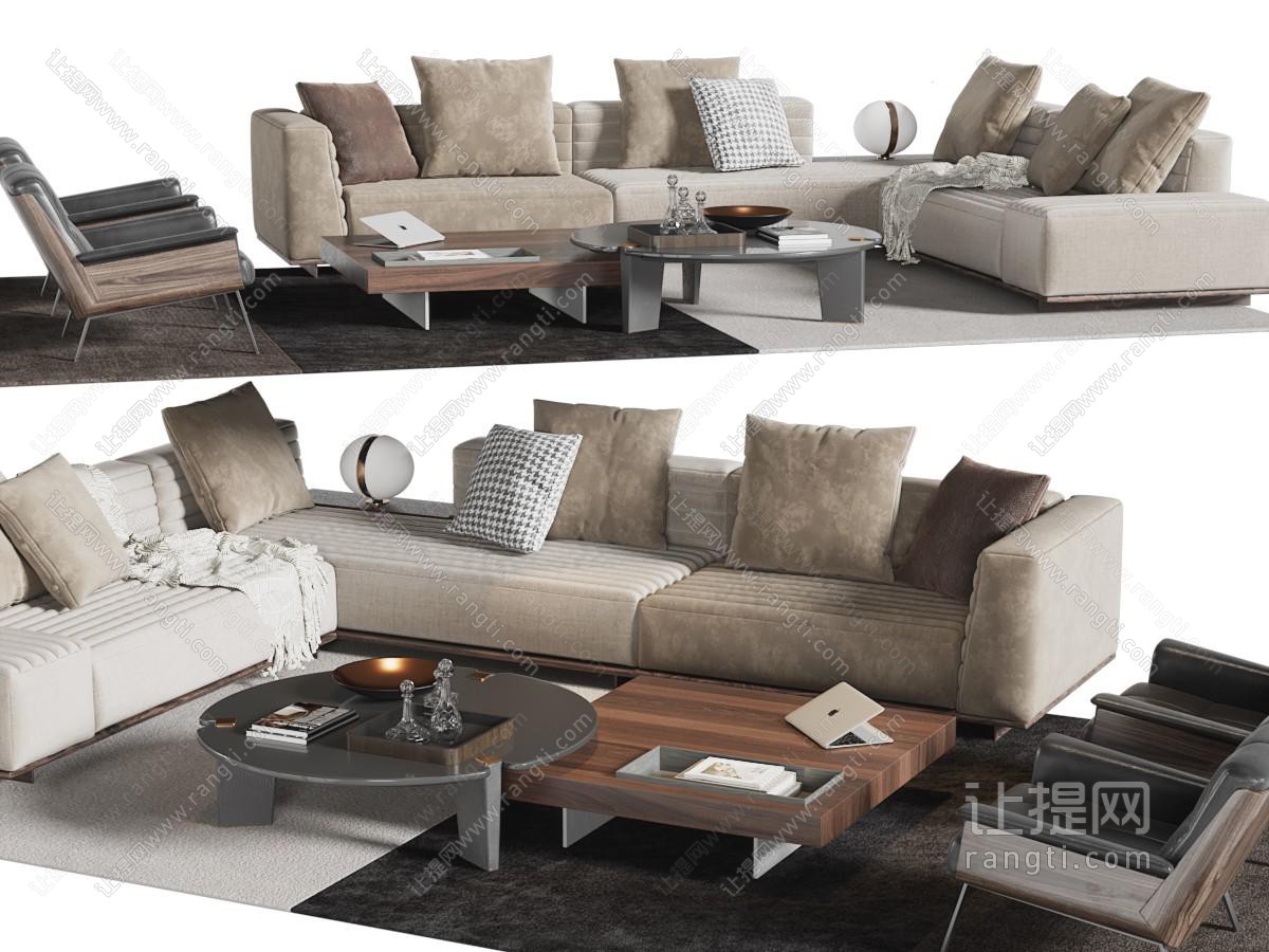 现代转角布艺多人沙发、茶几组合