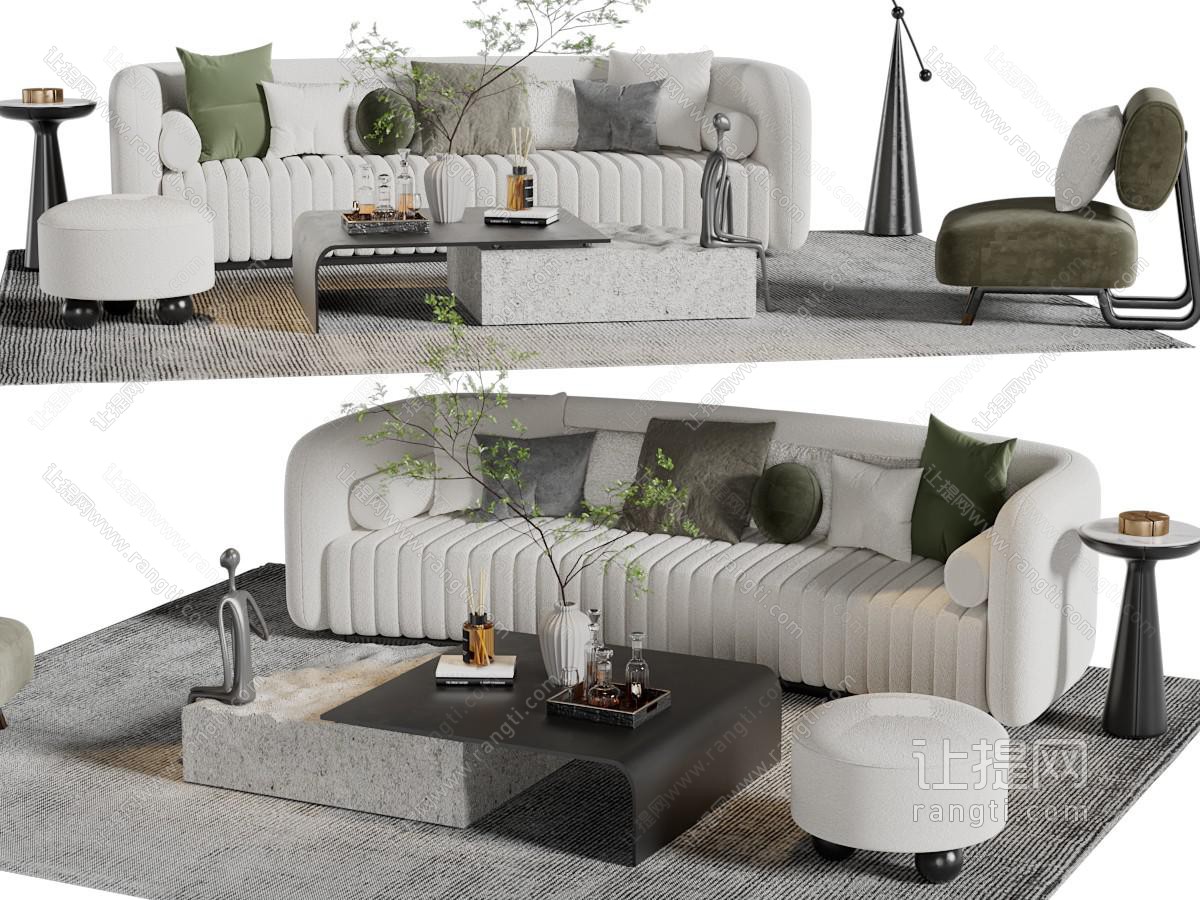现代多人沙发、圆形坐墩、茶几组合