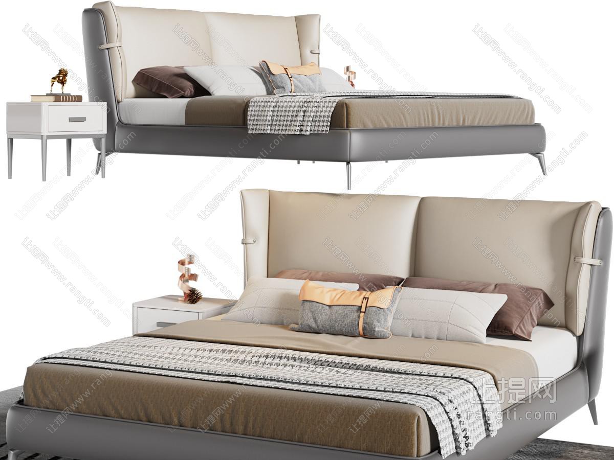 现代双人床、床头柜