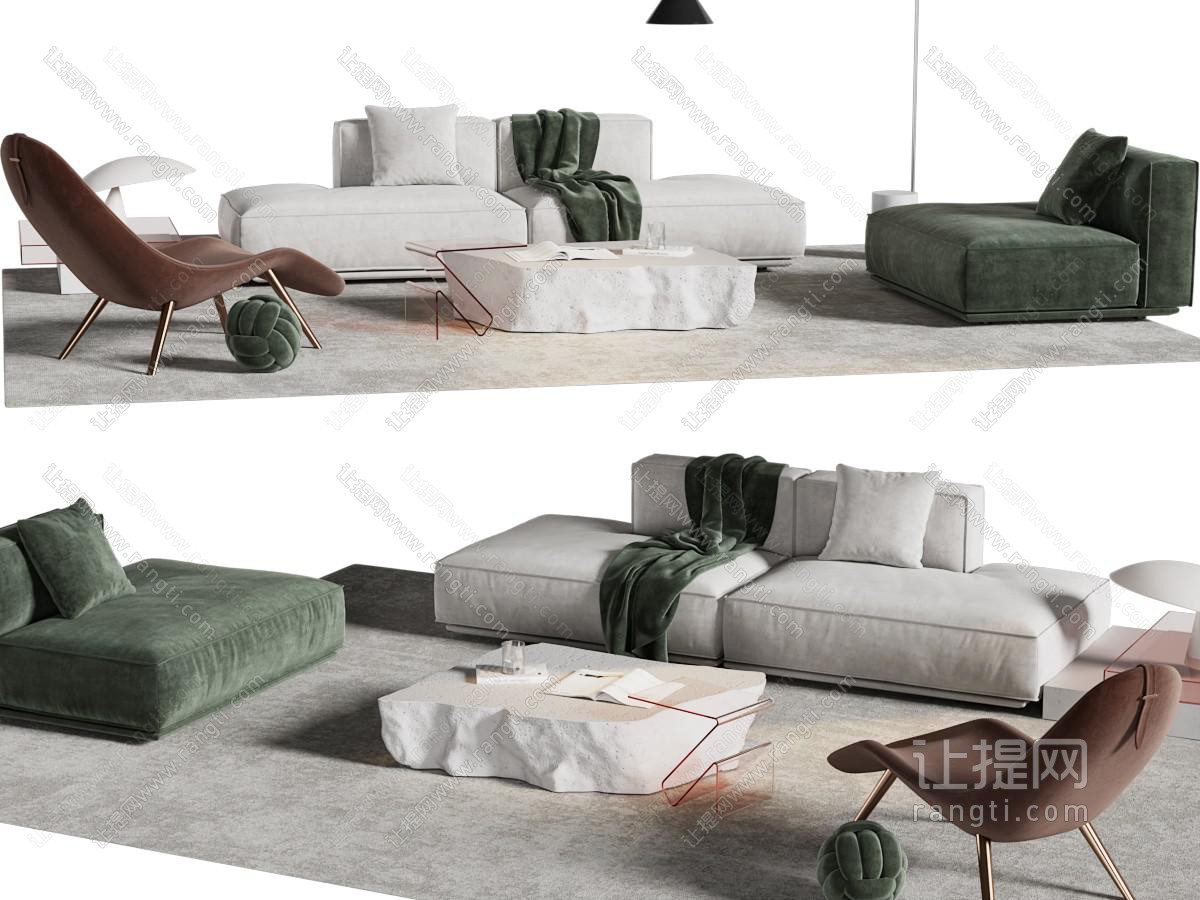 现代双人、单人沙发、休闲椅和茶几组合