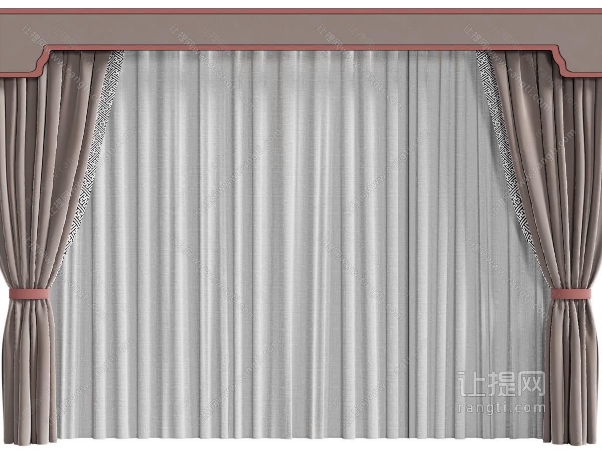 新中式带窗帘盒的窗帘窗纱