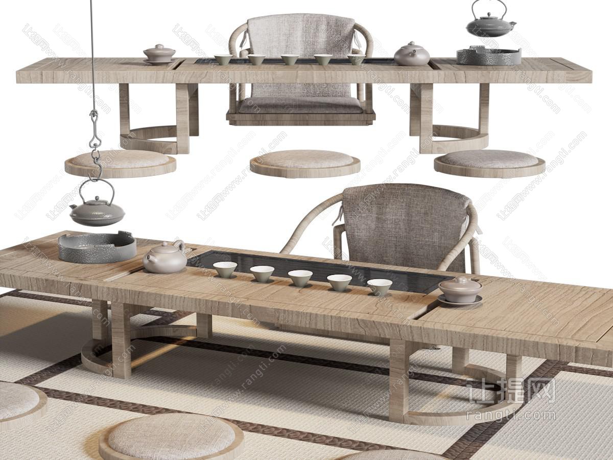 日式实木茶桌、坐垫