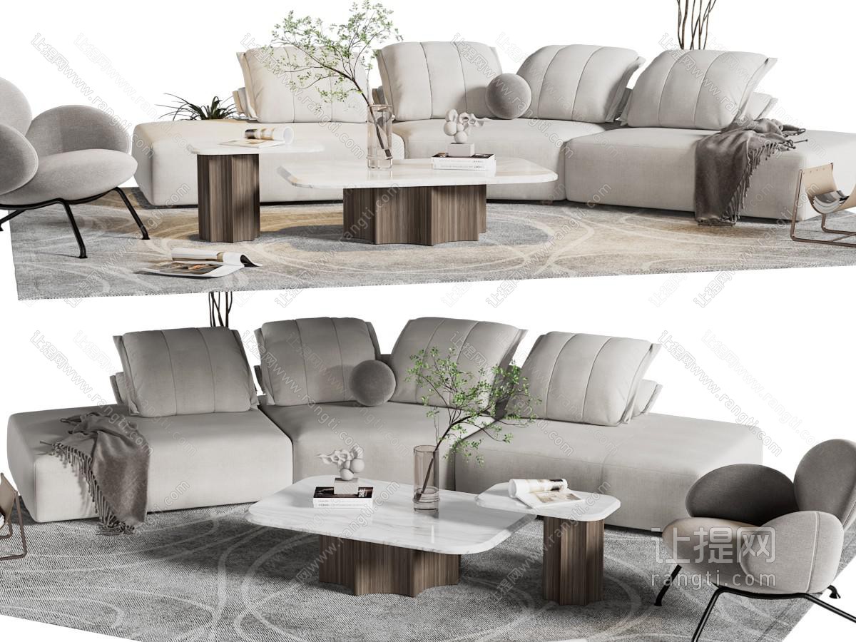 现代布艺弧形多人沙发、休闲椅子和茶几组合